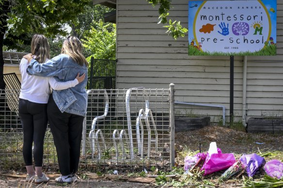 Locals leave tributes to Eleanor Bryant outside the Montessori Preschool in Riddells Creek on Tuesday.