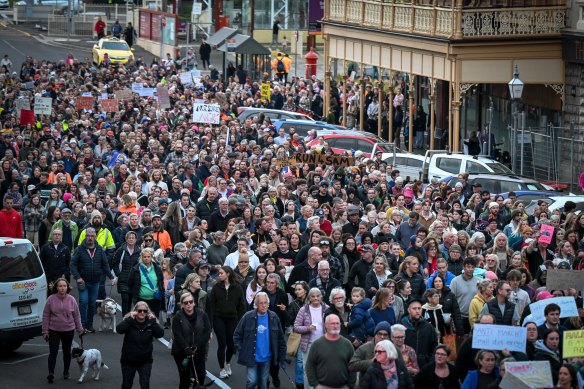 People march in Ballarat on April 12 to protest against the killings of three women in two months in the region, allegedly by men.