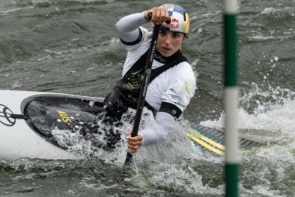 Back in the water: Jess Fox in training at the Penrith Whitewater Stadium.