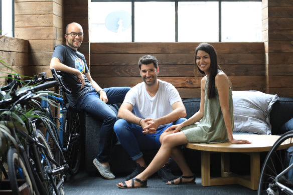 Melanie Perkins and Cliff Obrecht with Cameron Adams, the business’s third co-founder.