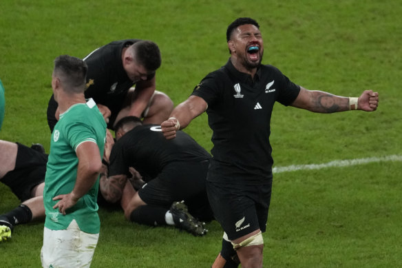 Ardie Savea celebrates the All Blacks’ win over Ireland in the World Cup quarter-finals.
