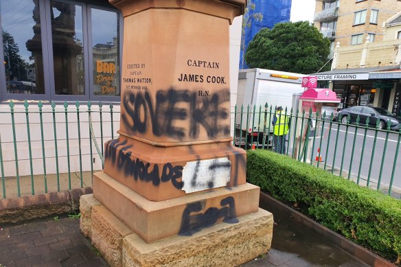 Images of the defaced Captain Cook statue on Belmore Road, Randwick. It has since been cleaned by council rangers.