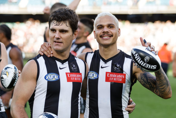 Bobby Hill (right) brought Lachie Schultz into the contest in the former Docker’s best outing with the Pies.