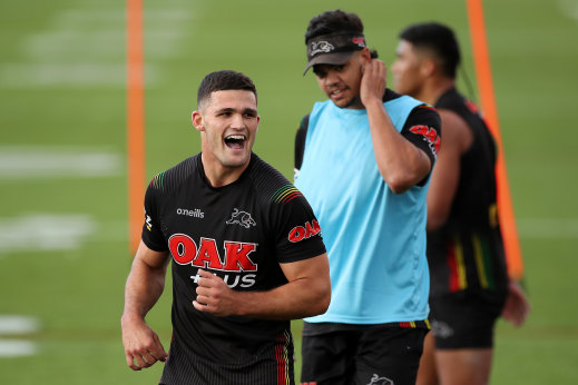 Nathan Cleary hams it up at training this week.