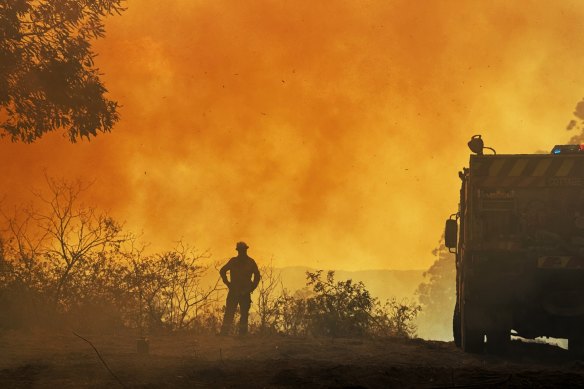 A volunteer firefighter with an RFS strike team deployed to the Bean Creek and Capeen Mountain fires, north-west of Casino, in the NSW Northern Rivers, on October 20, 2023.