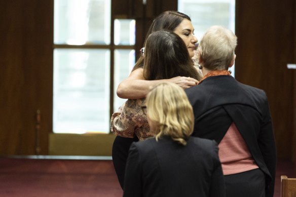 Lidia Thorpe is embraced by senator Mehreen Faruqi after her speech in the Senate yesterday. 
