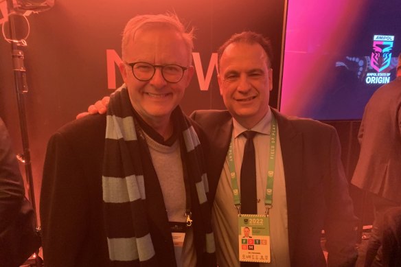 Anthony Albanese and Peter V’landys inside the NRL chairman’s suite at the first State of Origin.
