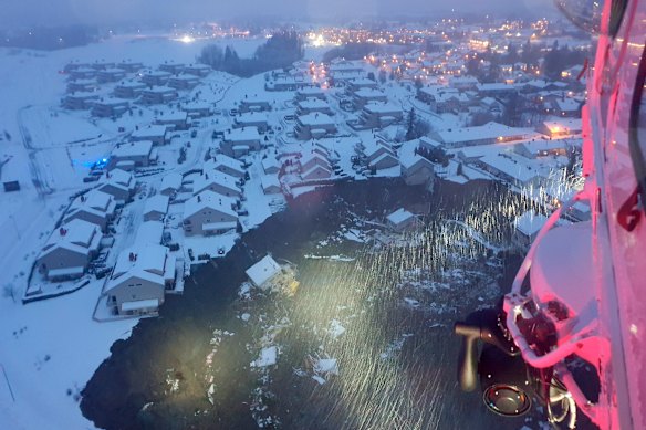 The damage after a landslide hit a residential area in the municipality of Gjerdrum, north of Oslo.