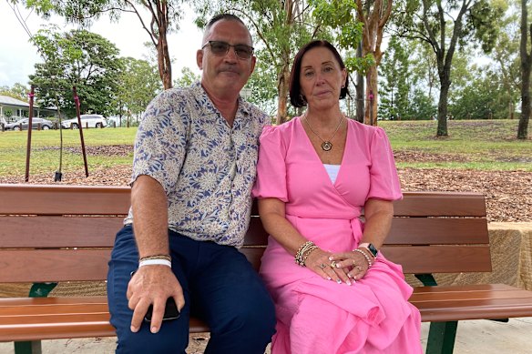 Hannah Clarke’s parents, Sue and Lloyd, at Hannah’s Place – a park renamed in her honour – in Camp Hill.
