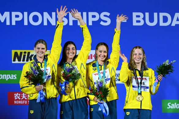 Gold medallists Shayna Jack, Meg Harris, Madison Wilson, Mollie O’Callaghan of Team Australia pose for a photo.