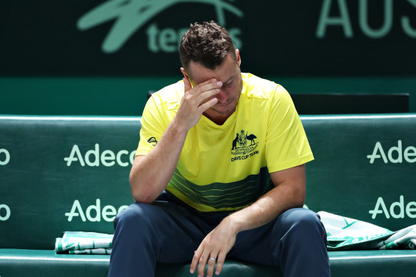 Australian team captain Lleyton Hewitt, pictured as Australia crash out of the 2019 Davis Cup in a quarter-final loss to Canada.