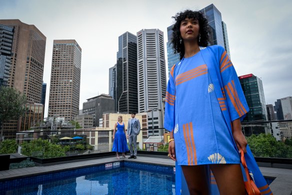 Homegrown labels Bul (foreground) and Joslin (dress in background) showcase cobalt blue. The suit is by Dom Bagnato.