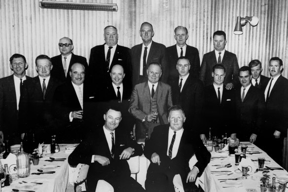 Mafia buster John T. Cusack (middle row, fourth from left) at a farewell dinner with homicide detectives in 1964.