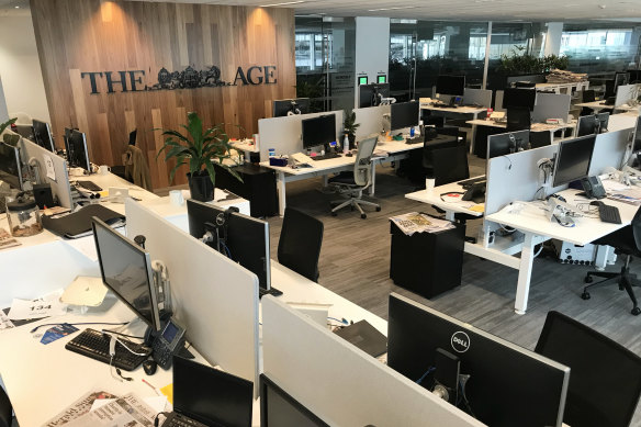 The Age's newsroom was empty on Thursday as journalists, editors and production staff worked from home.