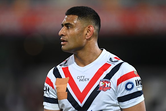 Daniel Tupou wearing a Roosters jersey with the NRL logo taped over in 2023.