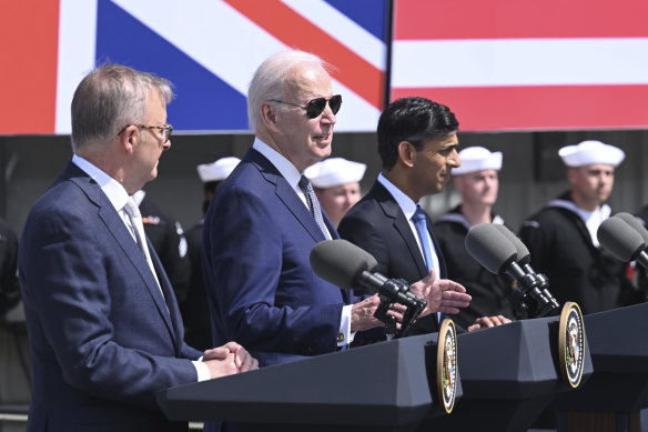 Australian Prime Minister Anthony Albanese, US President Joe Biden and UK Prime Minister Rishi Sunak unveiling the “optimal pathway” for AUKUS in San Diego.