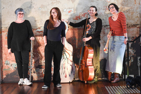 Wolf with Ensemble Offspring musician Lamorna Nightingale, collaborator Freya Schack-Arnott and artistic director Claire Edwardes.