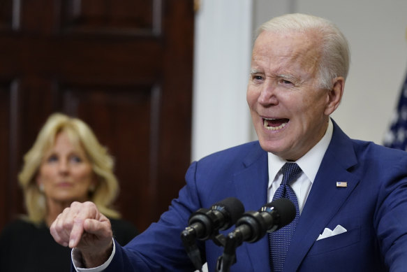 President Joe Biden speaks about the mass shooting at Robb Elementary alongside First Lady Jill Biden