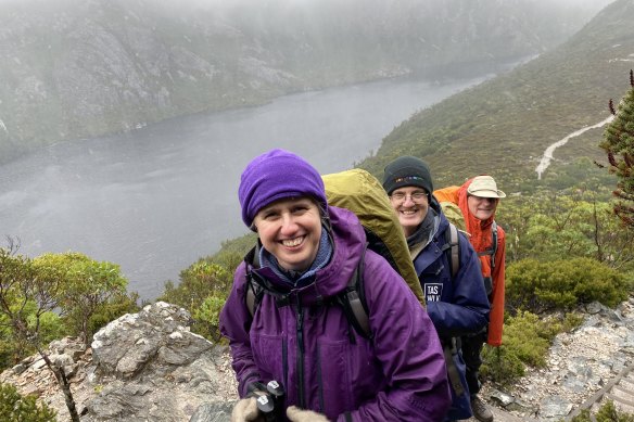 Sue, Stan and Neil in challenging weather at Marion’s lookout, on the first day of six.