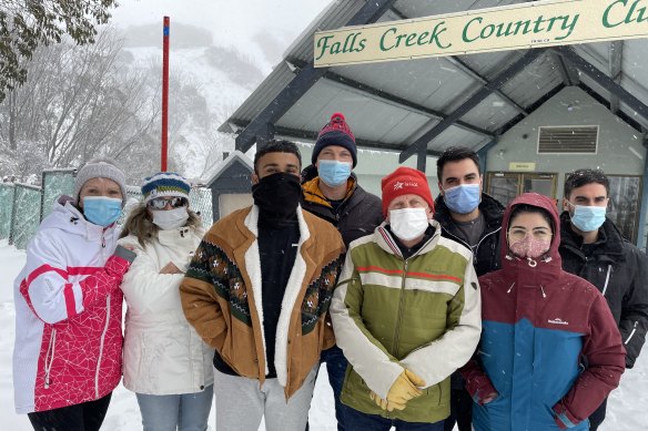 George Kyriazis, 27 (third from right) arrived at Falls Creek with a group of friends on Thursday morning, only to learn they were about to be in lockdown. 