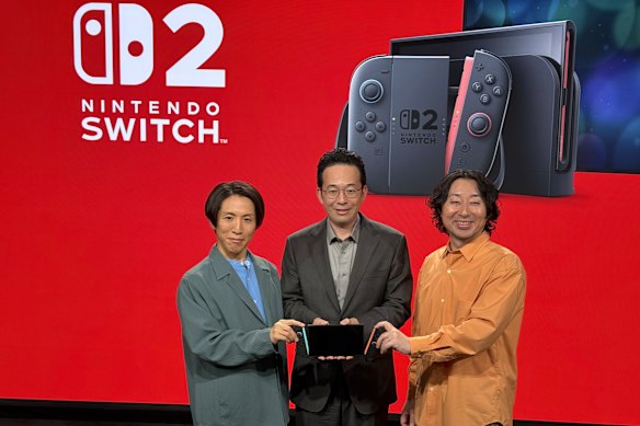 From left, Kouichi Kawamoto, Tetsuya Sasaki and Takuhiro Dohta served as producer, director and technical director overseeing Switch 2’s development. In New York, they answered the media’s questions via translator.