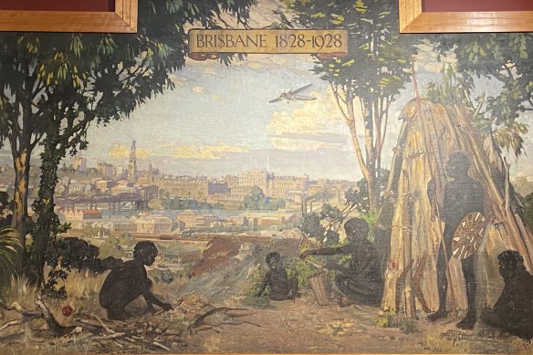William Bustard’s 1928 painting of Brisbane from Highgate Hill looks over South Brisbane and the old Victoria Bridge.