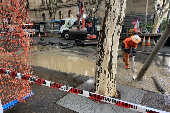 The burst water pipe clean-up on Adelaide Street.