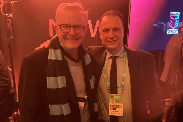 Anthony Albanese and Peter V’landys inside the NRL chairman’s suite at the first State of Origin game last year..