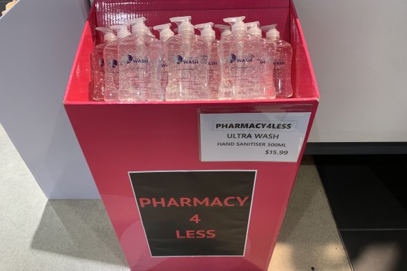 Hand sanitiser selling for $15.99 in Melbourne Central on Tuesday.