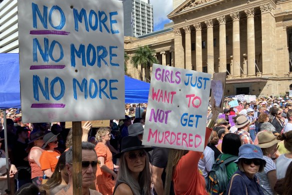 About 3000 people came to a gender violence rally in Brisbane to protest male violence against women which they say has seen 33 women murdered this year.