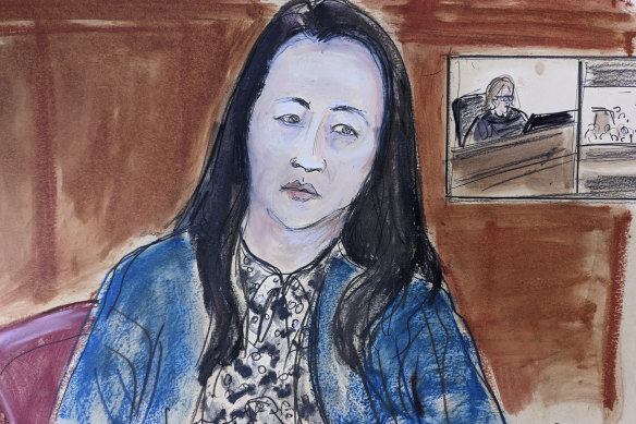 In this courtroom sketch drawn from a video feed, Meng Wanzhou, chief financial officer of Huawei Technologies, appears via video before Judge Ann Donnelly, inset on right, for her court proceeding in Brooklyn Federal Court. 