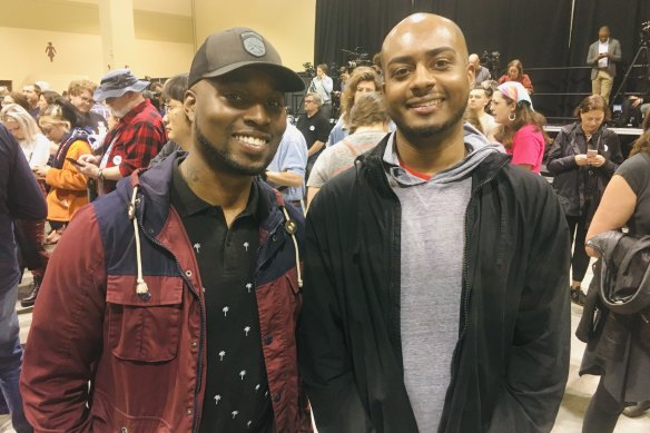 Bernie Sanders supporters Brandon Greene and Jason Glover at a rally in North Charleston.