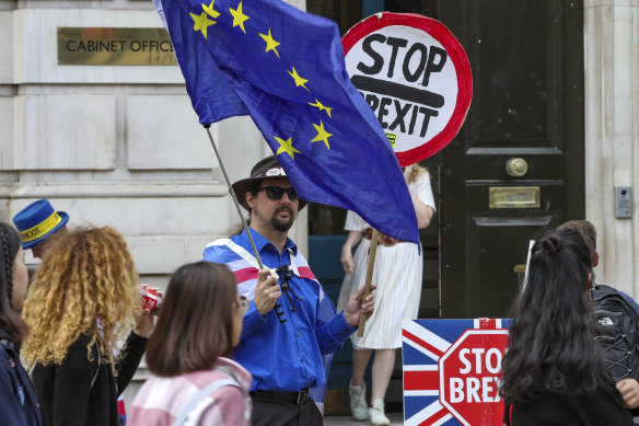 Anti-Brexit protesters demonstrate outside the Cabinet Office in Whitehall.