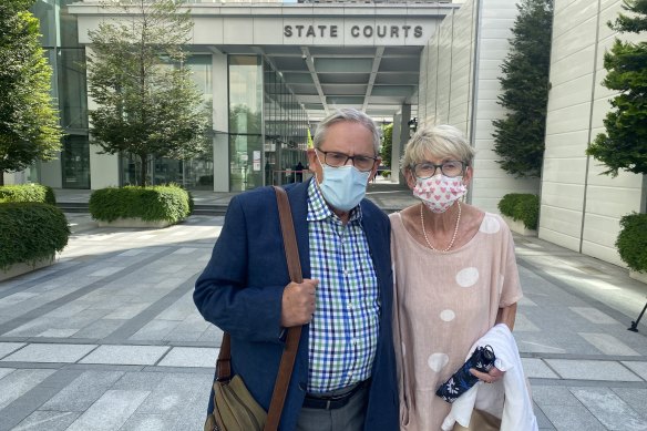 Andrew Gosling’s parents, Ian and Pamela Gosling, outside Singapore’s State Courts on Friday. 