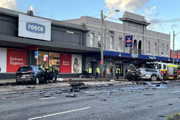 Two of six vehicles after a major crash on Parramatta Road at Leichhardt just before 6.30am on Saturday.