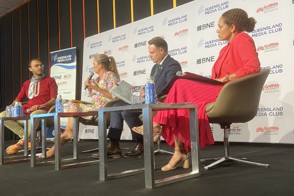 Brisbane’s leading mayoral candidates, from left: the Greens’ Jonathan Sriranganathan, Labor’s Tracey Price, and the incumbent, Adrian Schrinner from the LNP. The moderator for the debate was Marlina Whop from the Seven Network (right).