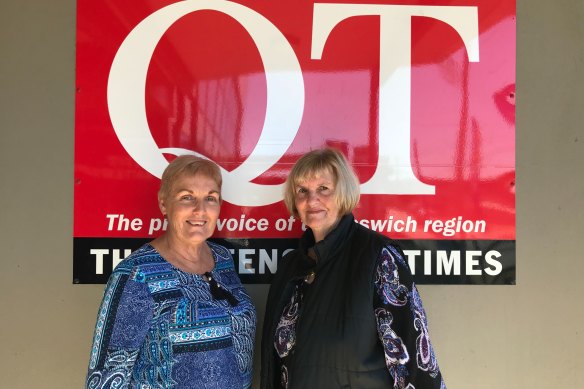 Office manager Cathy Wilkins and (right) advertising rep Michele McCoombes remember 30 years at The Queensland Times, Queensland longest continually-running newspaper. Photo: Tony Moore