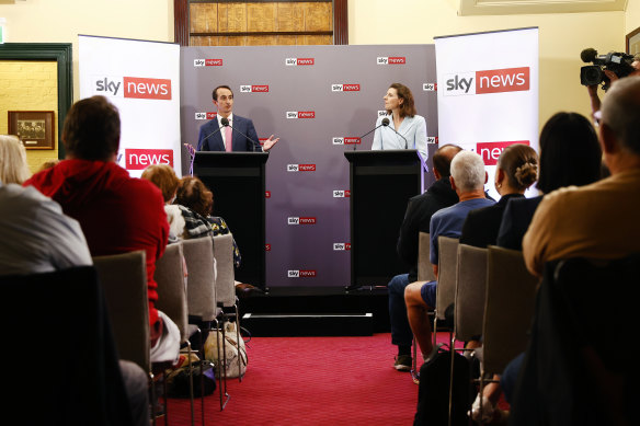 Liberal MP Dave Sharma and Independent candidate for Wentworth Allegra Spender during the Sky News Wentworth People’s Forum.