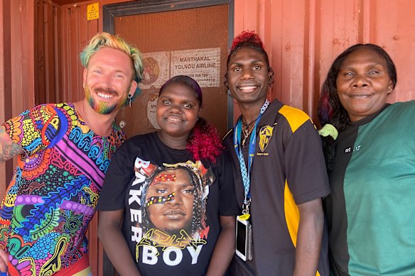 New friends: Mykey O’Halloran (left) in Galiwin’ku with locals Mutuwili Garawirrtja, Torah Garawirrtja and Susan Hume.