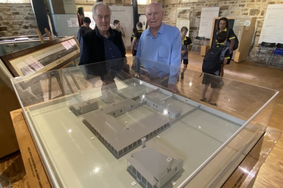 Denver Beanland and Dean Prangley from the Royal Historical Society of Queensland say the unearthed convict-era wall would have been linked to Brisbane’s original hospital, shown in the front right of this model.