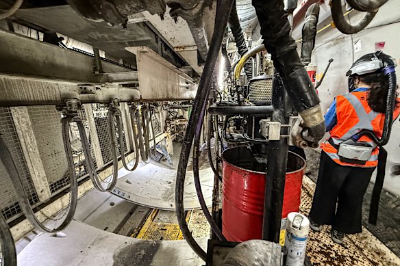 Inside one of the two 180-metre-long tunnel boring machines beneath Rosehill early this year.