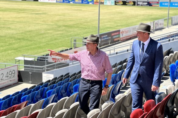 Queensland Treasurer Cameron Dick and Premier Steven Miles visit BB Print Stadium in Mackay to make a Labor funding announcement.