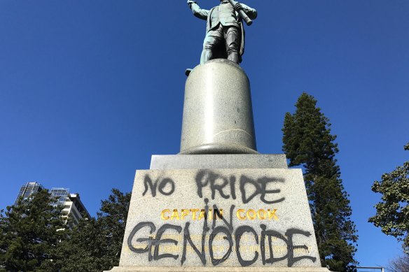 The Captain Cook statue in Hyde Park was spray-painted in 2017 with words that appear “to provide a more encompassing and accurate slogan than the imperious words embossed on the plinth”.