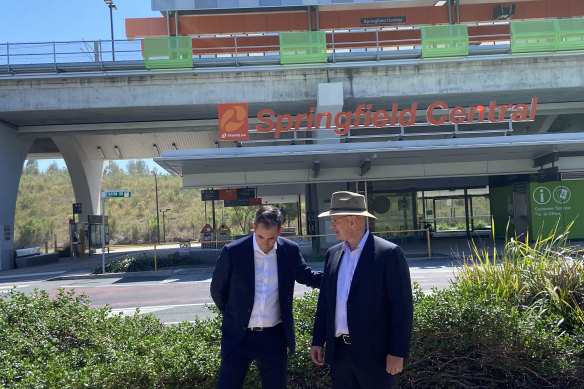 In 2021, Labor’s then-shadow treasurer Jim Chalmers (left) and Blair MP Shayne Neumann pitched the planned Springfield Central to Ipswich Central rail corridor.