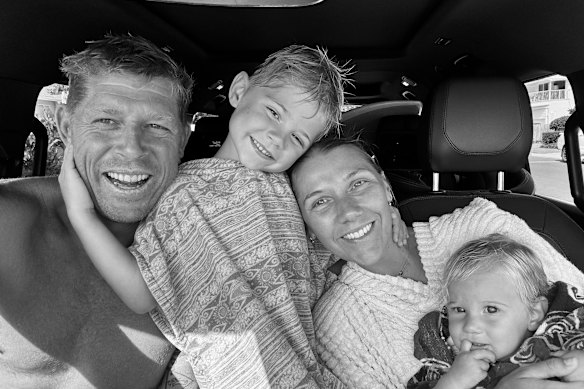 Mick Fanning with (from left) son Xander, 6, wife Bree and daughter Lyla, 2. Fanning says he wants his wealth to help create experiences for his kids: “I want to give them core memories.”