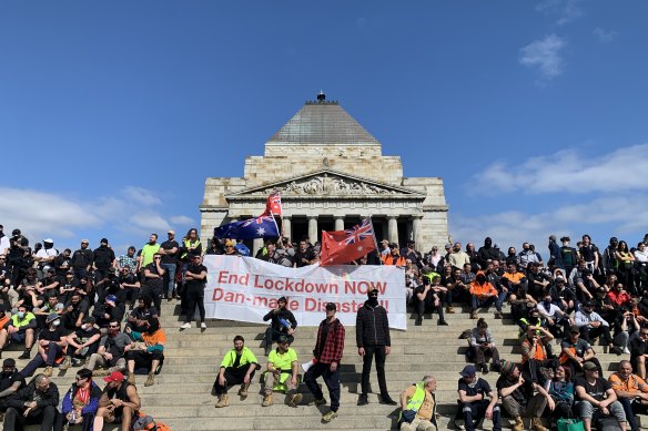 Protesters at the Shrine of Remembrance on Wednesday.