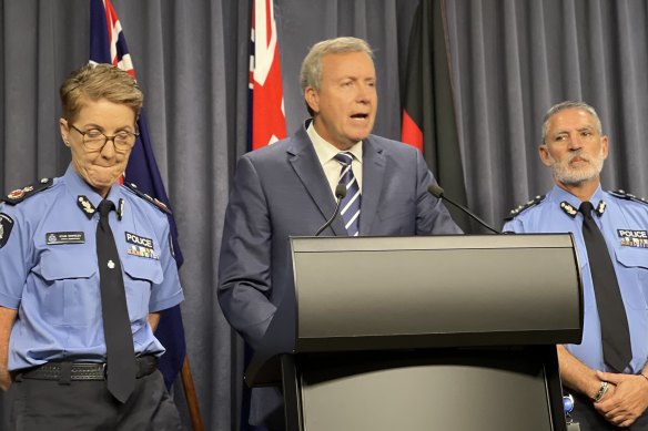 New Police Minister Reece Whitby with Acting WA Police Commissioner Kylie Whiteley (left) and Commander Lawrence Panaia (right).