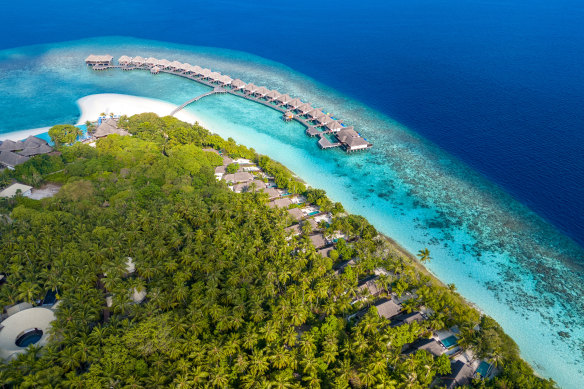 Dusit Thani’s Maldives resort from the air.
