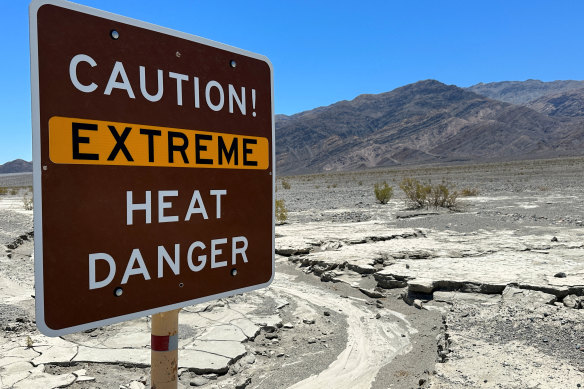 A signboard warning of extreme heat in Death Valley, California.
