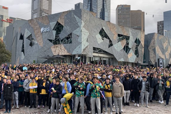 Socceroos and France fans watch the FIFA World Cup at Fed Square, Melbourne.